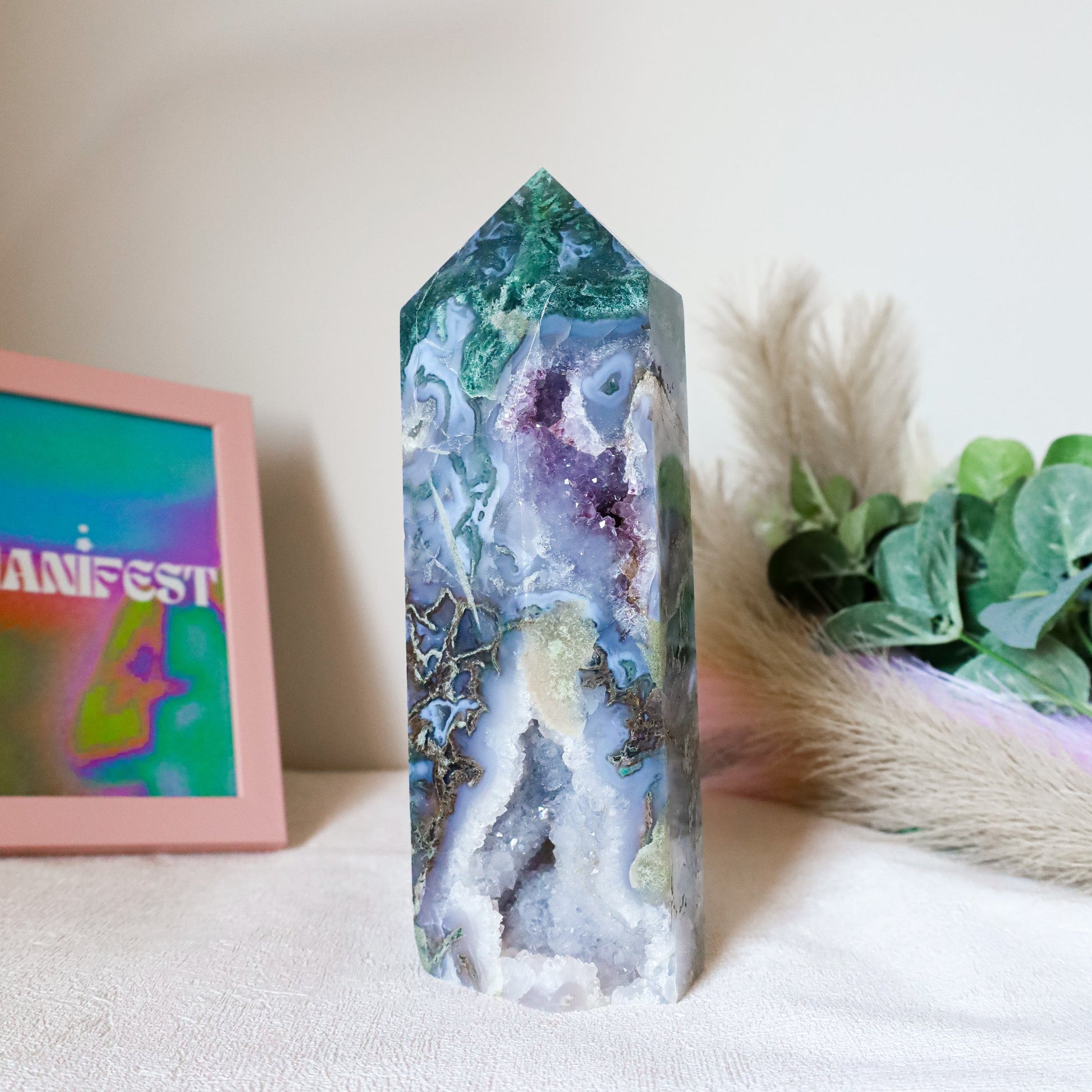 Moss Agate X Amethyst tower C (High grade & Very rare)witchy marketwitchy marketfghfdMoss Agate X Amethyst tower C (High grade & Very rare)